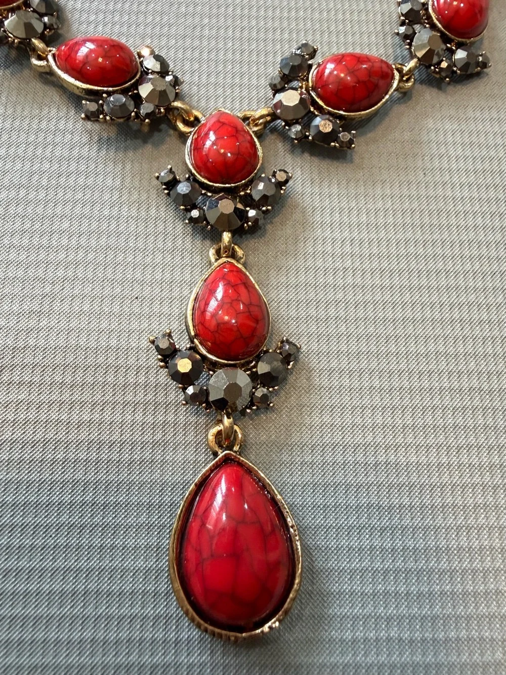Gold-Tone Red Teardrop Necklace & Earring Set